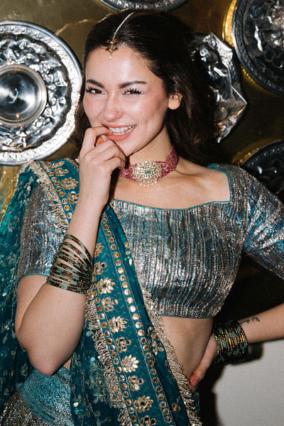 Blue mirror embroidered lehenga set