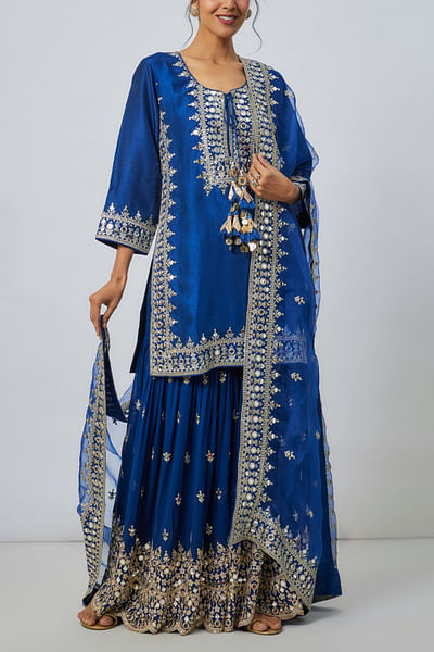 Blue mirror embroidered sharara set