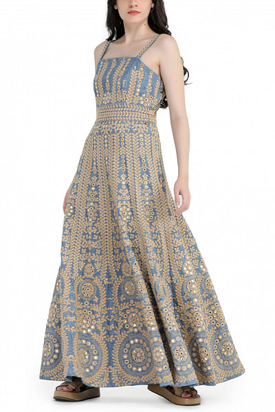 Blue mirror embroidery maxi dress