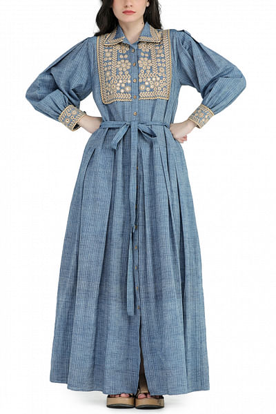 Blue mirror embroidery shirt dress
