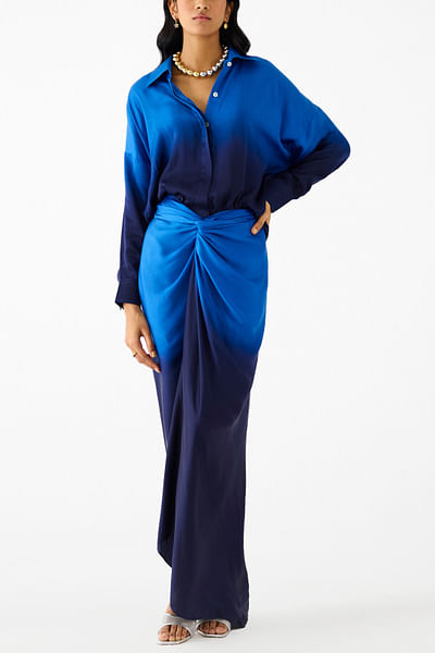 Blue ombre draped shirt dress