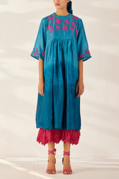 Blue ombre floral embroidered layered dress