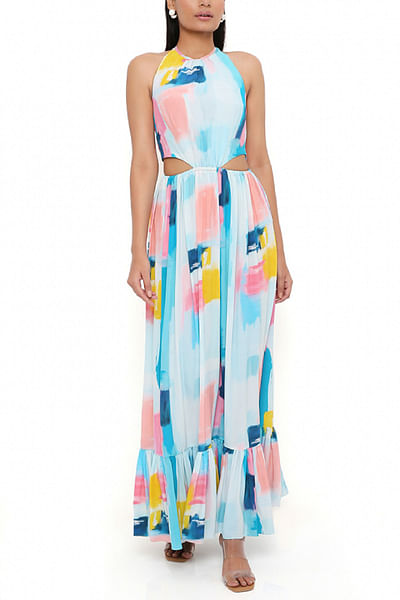 Blue paint printed tiered dress