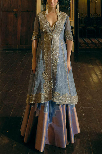 Blue paisley embroidered jacket lehenga set