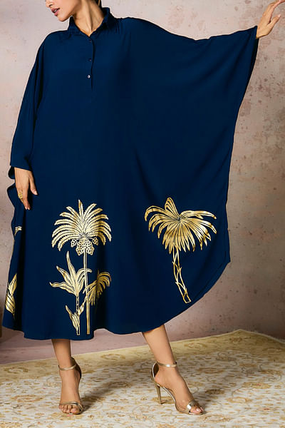 Blue palm tree foil print kaftan