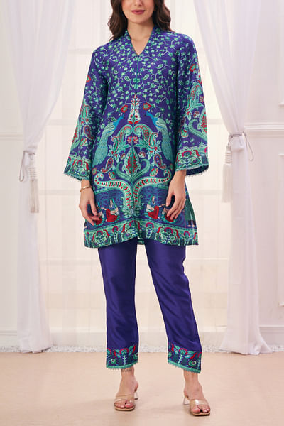 Blue peacock printed kurta set