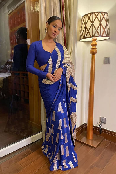 Blue pillar foil printed gota work sari set