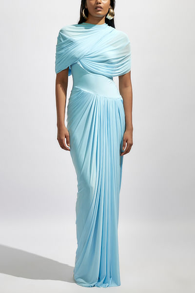 Blue pleated and draped gown