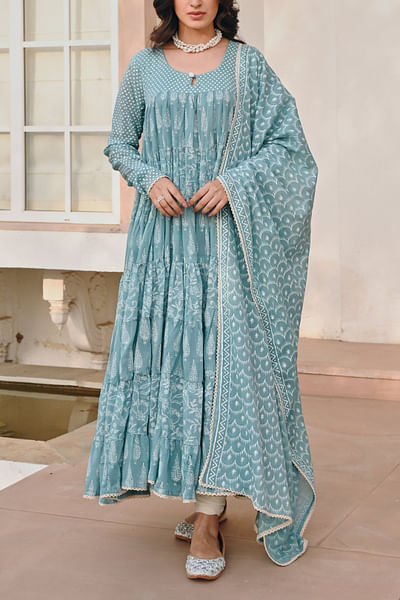 Blue polka and floral print tiered anarkali set
