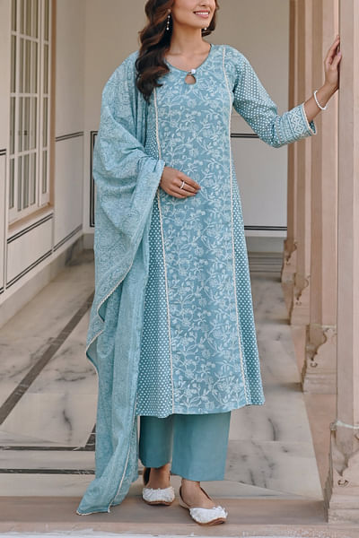 Blue polka and floral printed kurta set