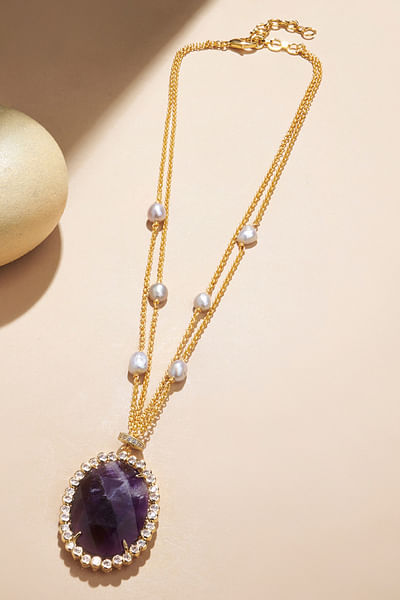 Blue polki and amethyst chain necklace