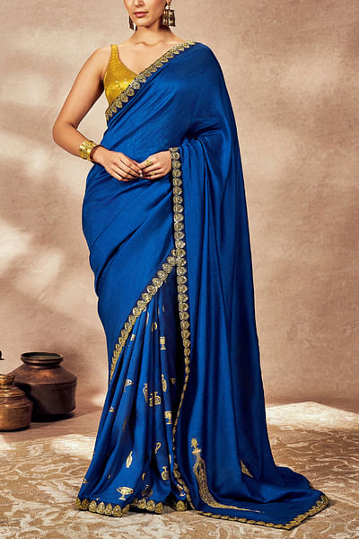 Blue pot foil print embroidered sari set