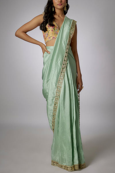Blue pre-draped sari set