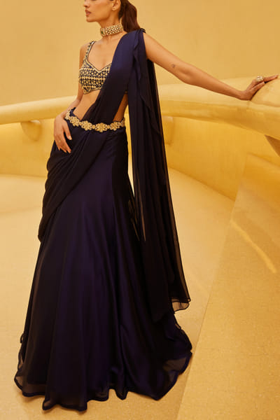 Blue pre-draped sari set