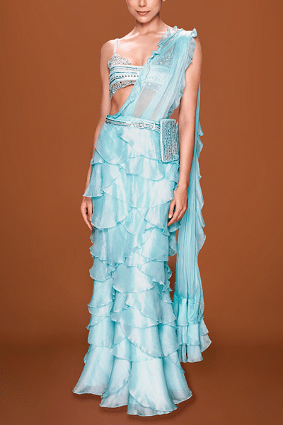 Blue pre-stitched ruffle sari set