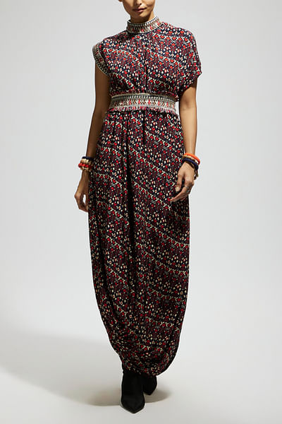 Blue printed draped dress