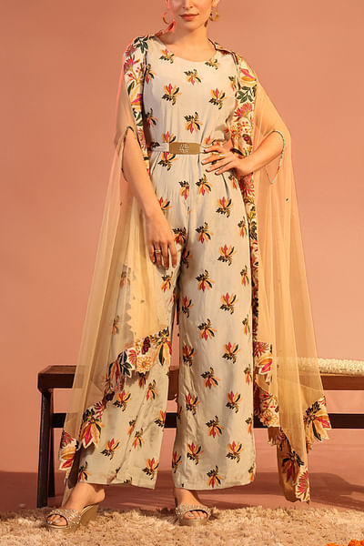 Blue printed embroidered jumpsuit set