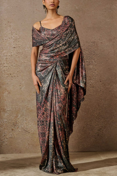 Blue printed foil jersey concept sari set