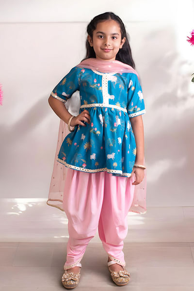 Blue printed kurta and dhoti set