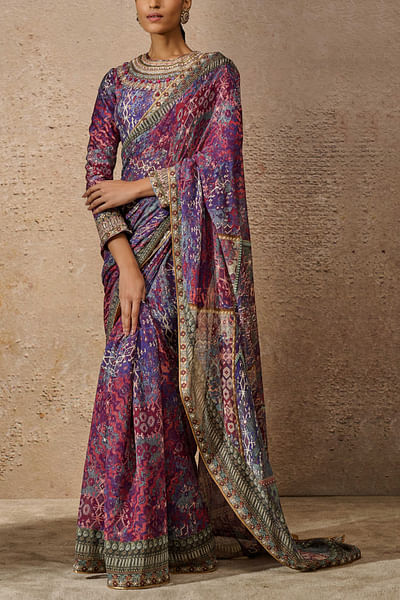 Blue printed silk chiffon sari set