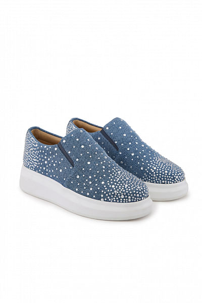 Blue rhinestone embellished flat sneakers