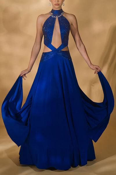 Blue rhinestone embellished gown