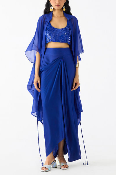 Blue ruched tie-up cape