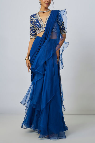 Blue ruffle sari set