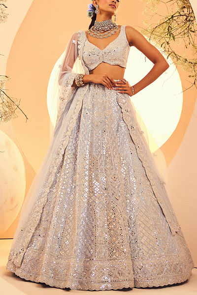 Blue sequin and mirror embroidered lehenga set