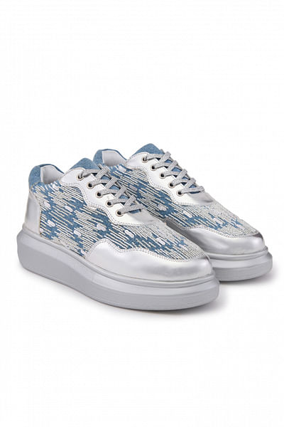 Blue sequin embellished flat sneakers