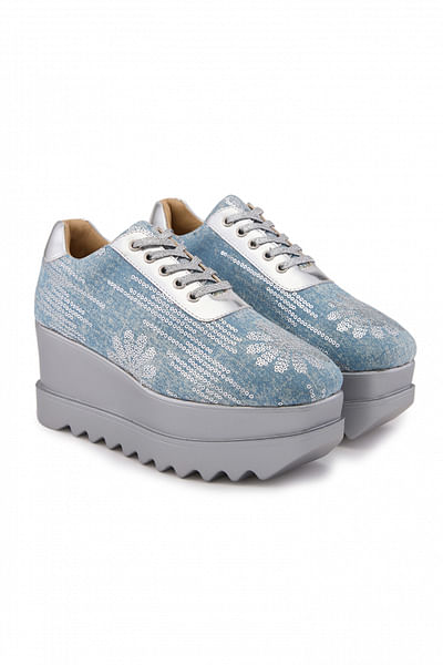 Blue sequin embellished wedge sneakers
