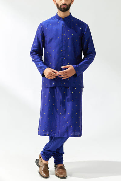 Blue sequin embroidered bandi and kurta set