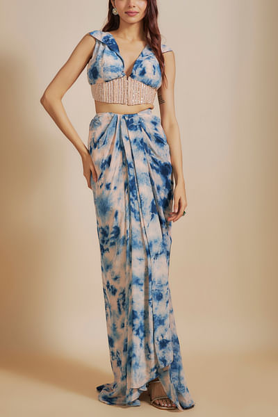 Blue shibori draped skirt set
