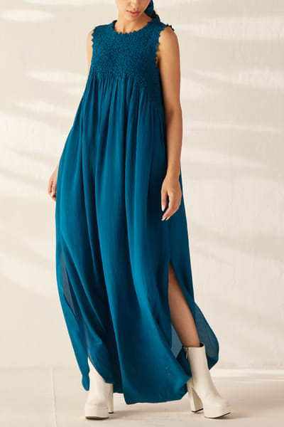 Blue smocked cowl dress