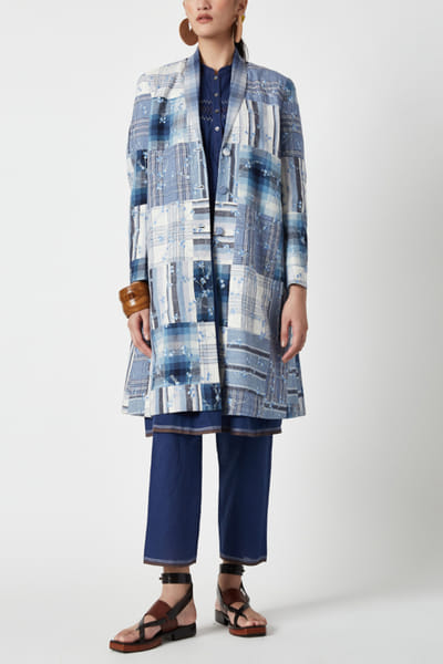 Blue stripe patchwork embroidered long jacket
