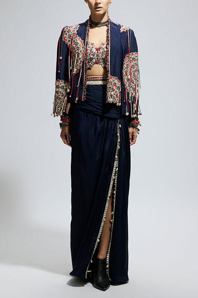 Blue thread embroidered cape set