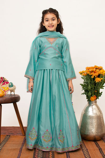 Blue thread embroidery lehenga set