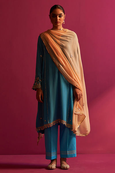 Blue tilla and gota embroidered kurta set