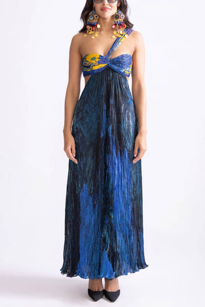 Blue tribal and floral print pleated maxi dress