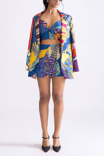 Blue tribal floral printed skort and blazer set