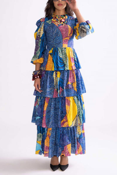 Blue tribal printed layered dress