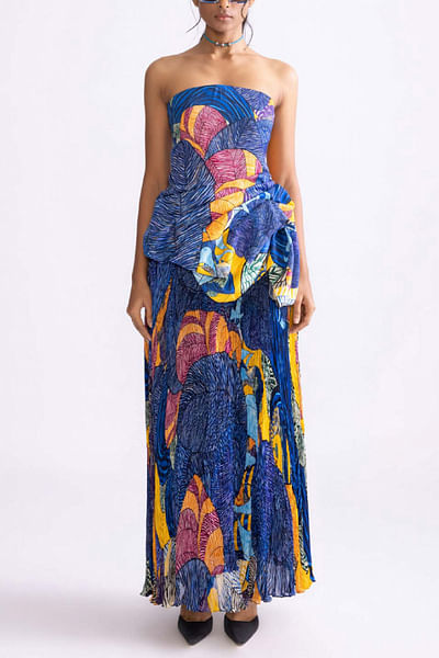 Blue tribal printed pleated maxi skirt set