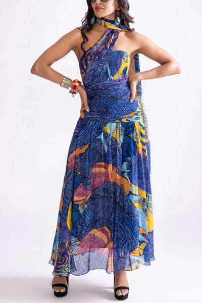 Blue tribal printed scarf draped maxi dress