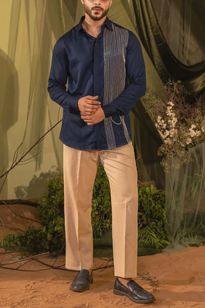 Blue vegan silk embroidered shirt