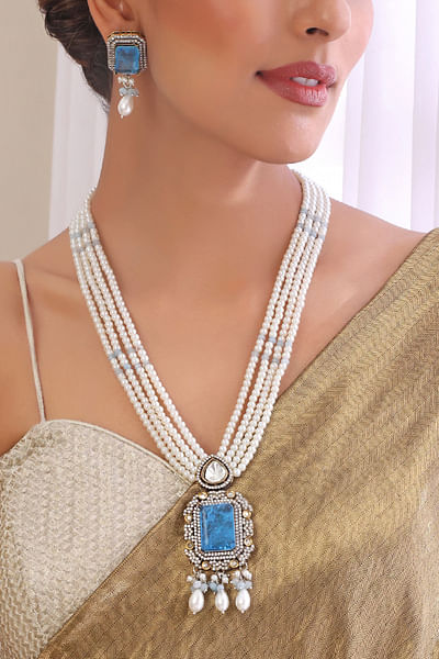 Blue Victorian polki layered necklace set