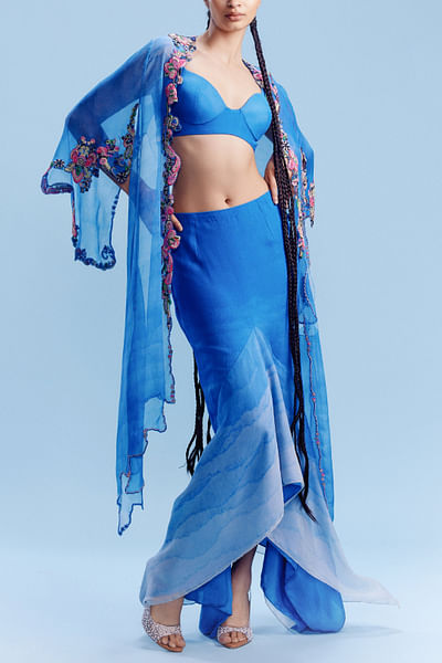 Blue watercolour ombre print skirt cape set