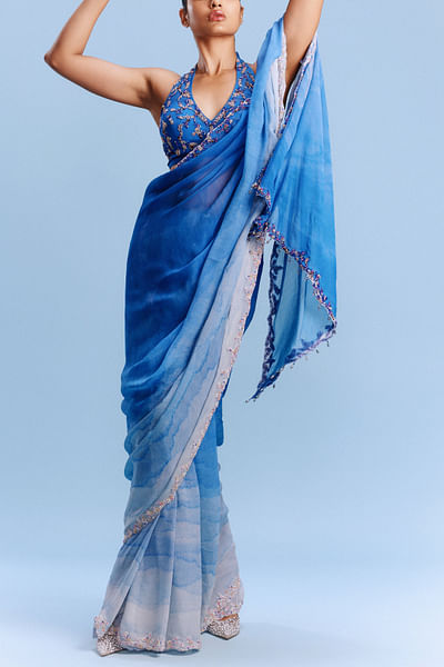 Blue watercolour ombre printed sari set