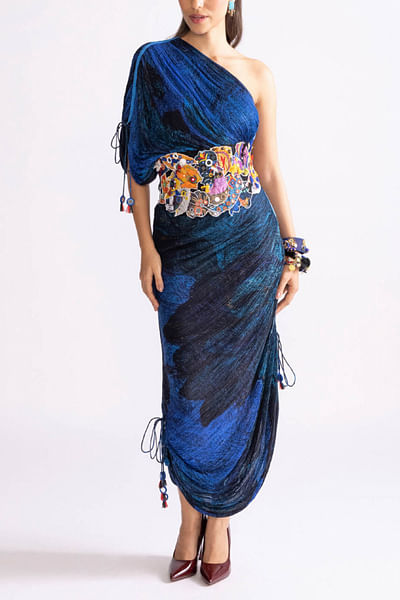 Blue wave printed one-shoulder dress