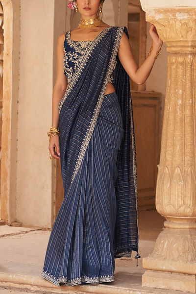 Blue woven striped sari set