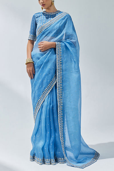 Blue zardozi embroidered sari set
